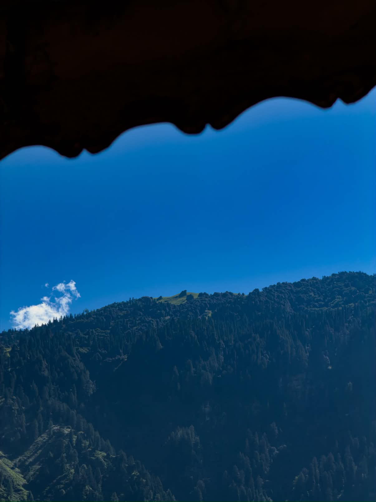 Pine-covered ridge under a deep blue sky, framed by a carved wooden eave